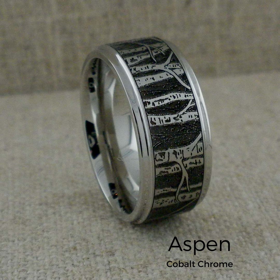 Cobalt Chrome Wedding Ring With Aspen Trees | Unique Titanium With Regard To 2018 Aspen Tree Comfort Fit Cobalt Wedding Bands (View 3 of 15)