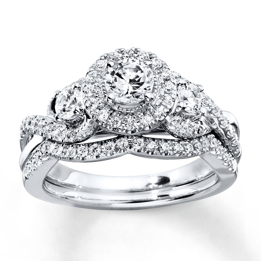 Diamond Bridal Set 1 Ct Tw Round Cut 14k White Gold – 940286900 – Kay Regarding Most Popular Composite Diamond Frame Vintage Style Engagement Rings (View 15 of 15)