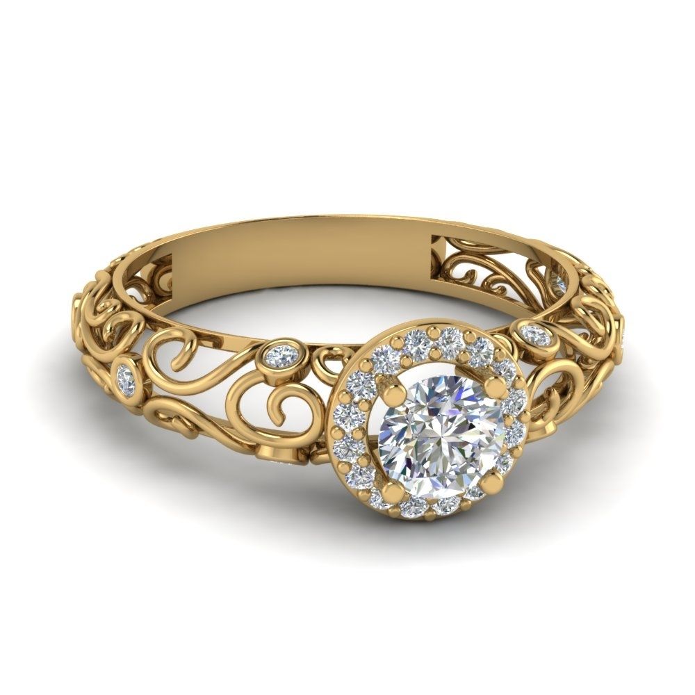 Dome Filigree Halo Vintage Round Diamond Engagement Ring In 14k Intended For 2018 Diamond Art Deco Vintage Style Anniversary Bands (View 3 of 15)