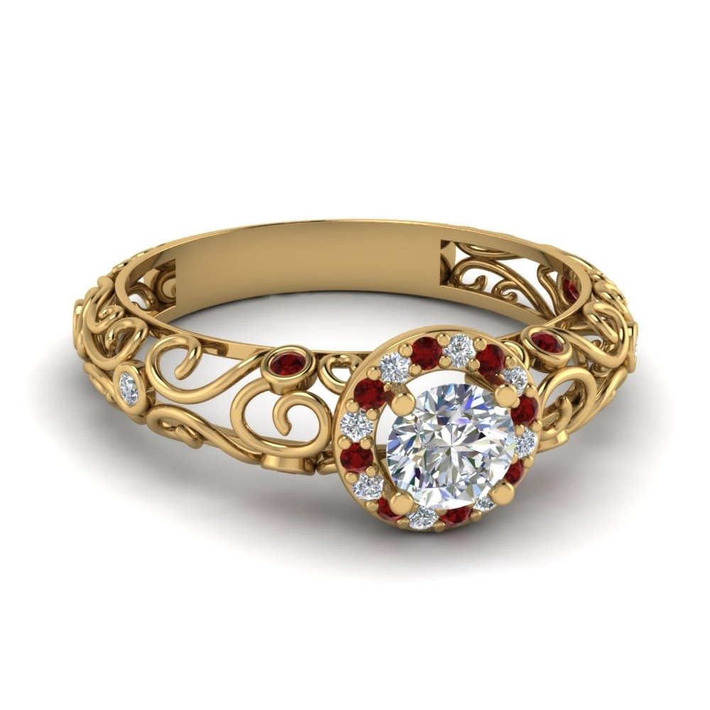 Dome Filigree Halo Vintage Round Diamond Engagement Ring With Ruby With Regard To Most Recently Released Vintage Style Ruby And Diamond Rings (View 15 of 15)