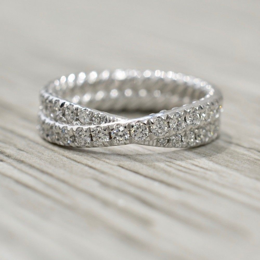 Double Row Crossover Diamond Eternity Band In White Inside 2018 Diamond Double Row Anniversary Bands In 14k White Gold (View 15 of 15)