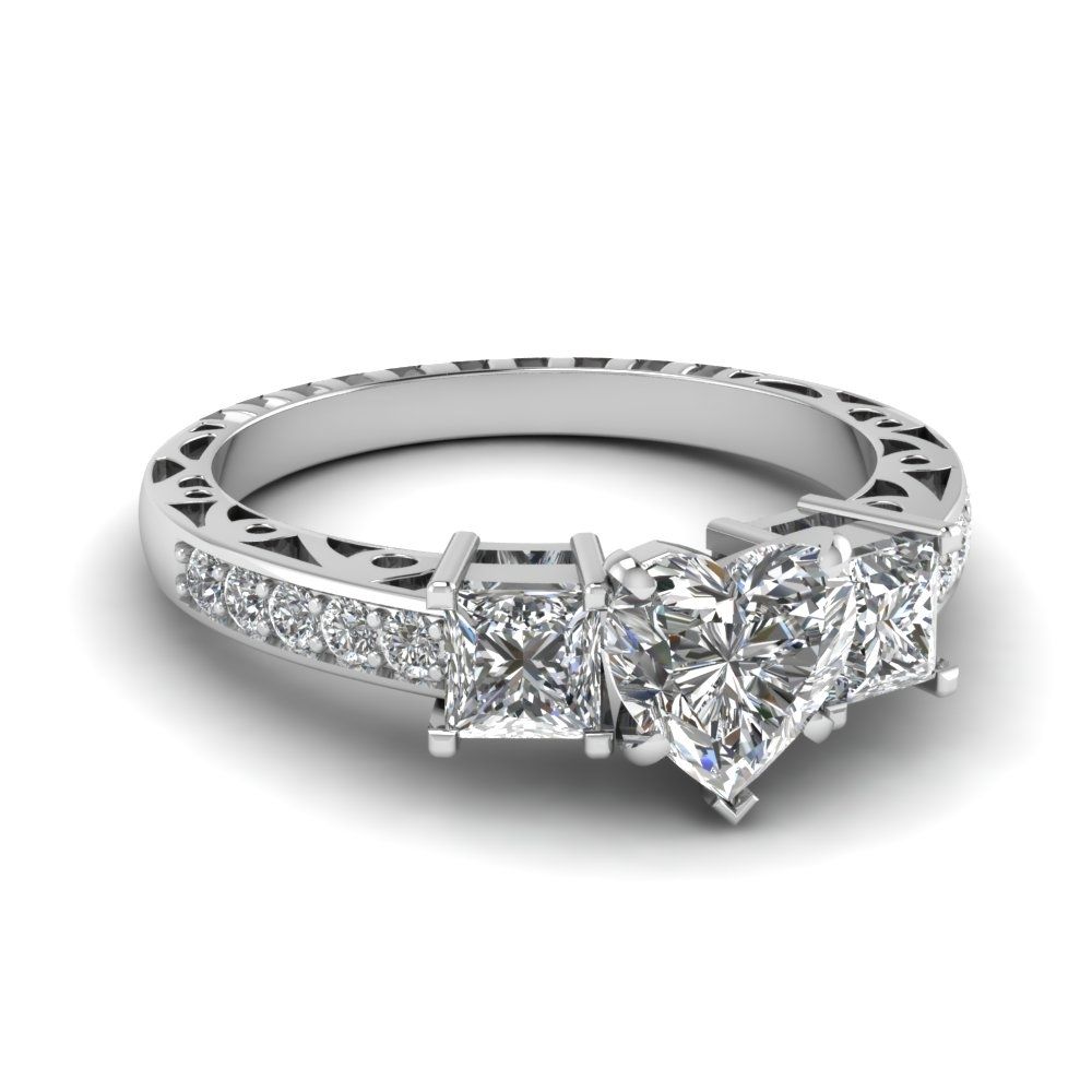 Heart Shaped Vintage 3 Stone Diamond Engagement Ring In 14k White Inside 2017 Diamond Flower Vintage Style Engagement Rings In 14k White Gold (View 5 of 15)