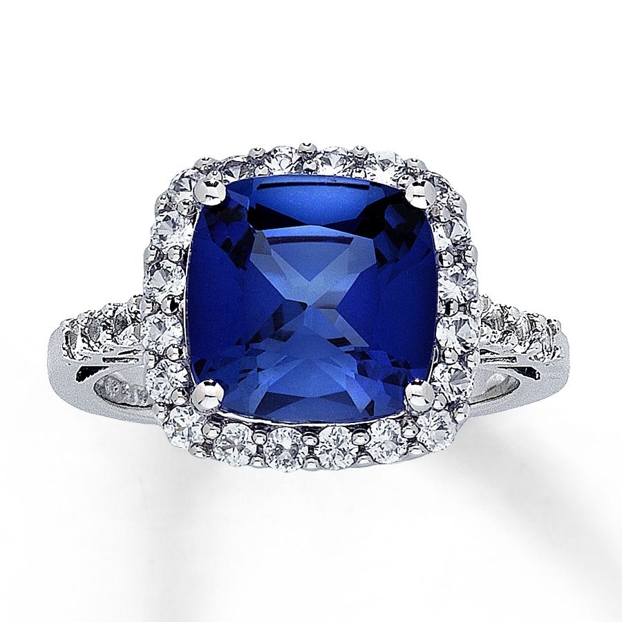 Lab Created Sapphire Ring Cushion Cut 10k White Gold – 930479807 – Kay With Regard To Most Current Lab Created Blue Sapphire Five Stone Anniversary Bands In 10k White Gold (View 12 of 15)