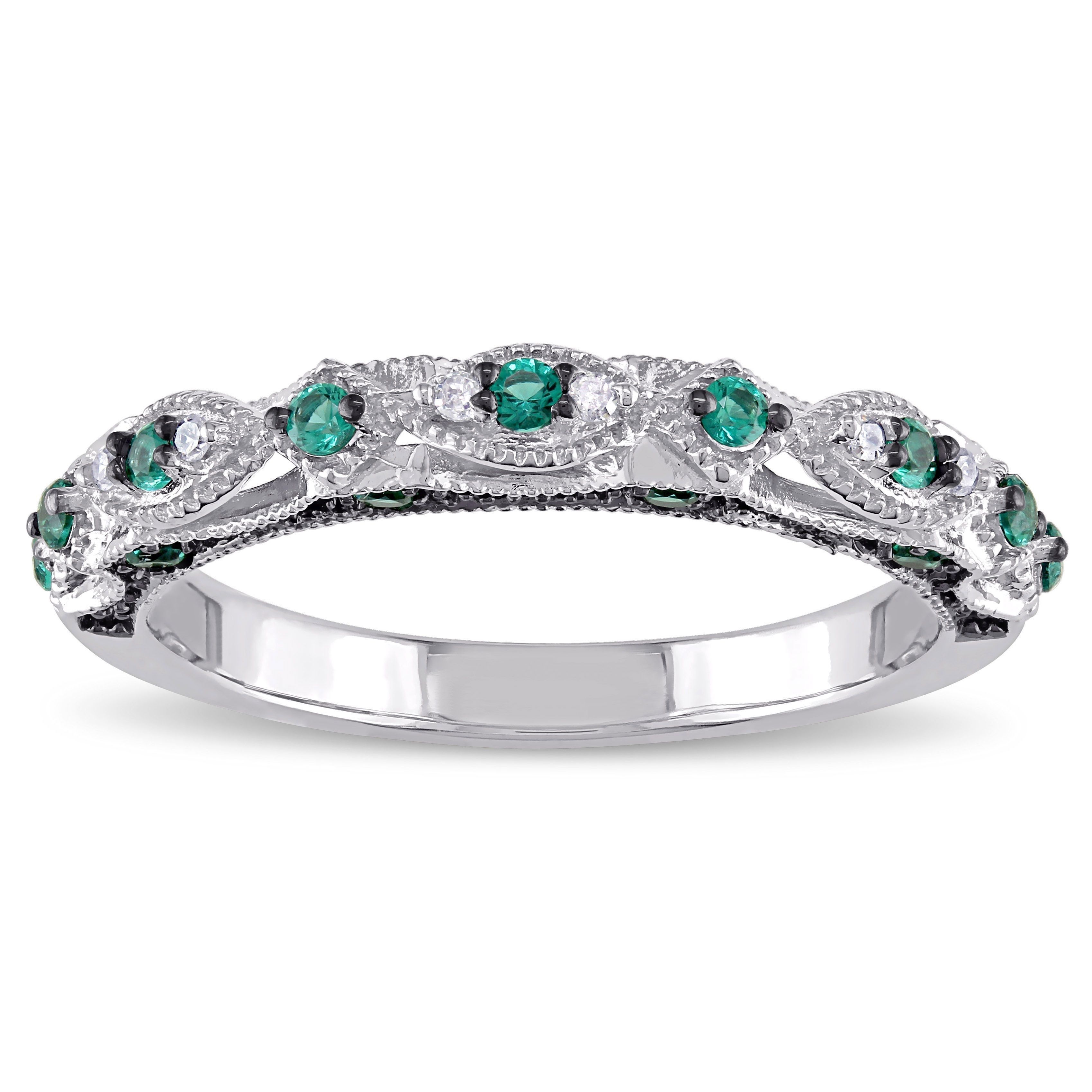 Miadora 10k White Gold Created Emerald And Diamond Accent Vintage Pertaining To Most Up To Date Diamond Accent Milgrain Anniversary Bands In 10k Rose Gold (View 4 of 15)