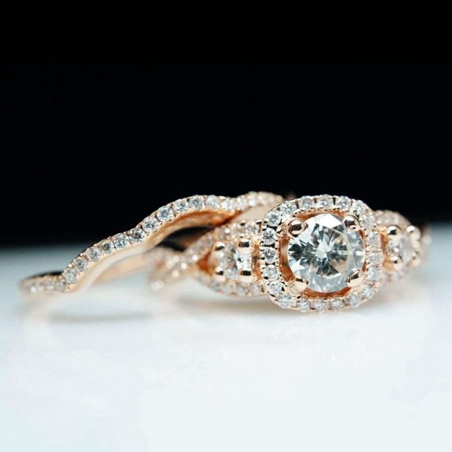 Rose Gold Diamond Engagement Ring 3 Stone Halo Micropave Engagement Intended For Most Popular Diamond Twist Anniversary Bands In 10k Rose Gold (View 12 of 15)