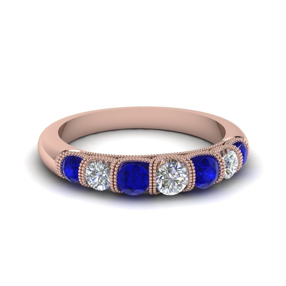 Vintage Seven Stone Diamond Womens Wedding Band With Blue Sapphire In Most Up To Date Blue Sapphire And Diamond Seven Stone Wedding Bands In 14k Gold (View 2 of 15)