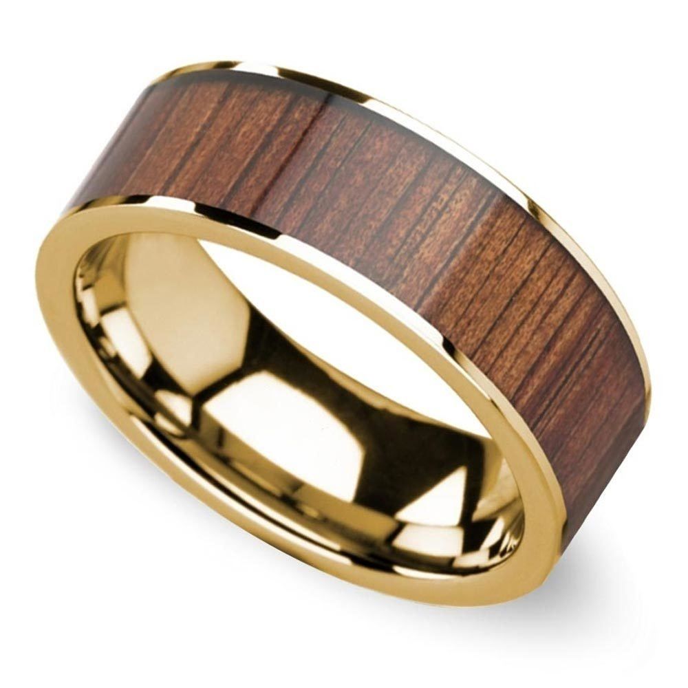 Wide Koa Wood Inlay Men's Wedding Ring In Yellow Gold In Newest Aspen Tree Comfort Fit Cobalt Wedding Bands (View 7 of 15)