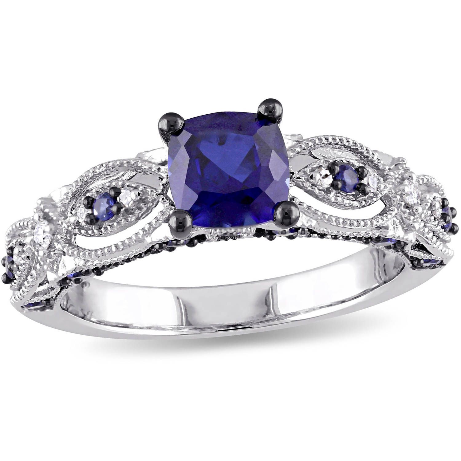 1 5/8 Carat T.g.w. Created Blue Sapphire With Diamond Accent 10kt White  Gold Milgrain Design Vintage Engagement Ring With Most Recently Released Diamond Accent Milgrain Anniversary Bands In White Gold (Photo 25 of 25)