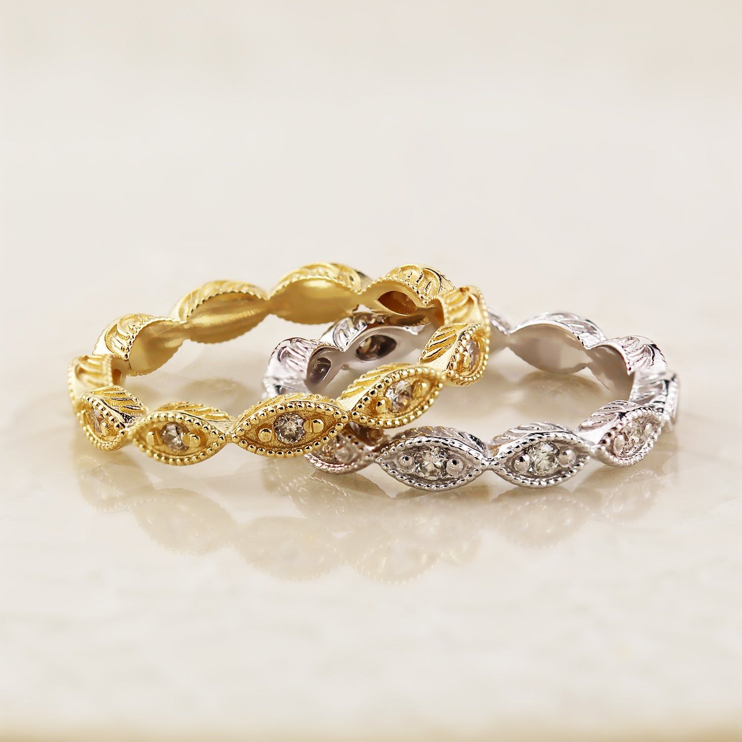 10k Gold Stackable Vintage Inspired 1/8ct Tdw Diamond Wedding Bandauriya With Regard To Most Recent Diamond Eternity Anniversary Vintage Style Bands In White Gold (View 22 of 25)