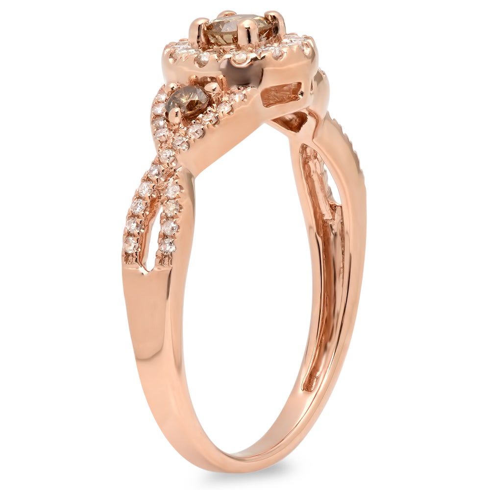 10k Rose Gold 1/2ct Tw Round Champagne And White Diamond 3 Stone Swirl Halo  Engagement Ring In Most Current Champagne And White Diamond Swirled Anniversary Bands In Rose Gold (View 10 of 25)