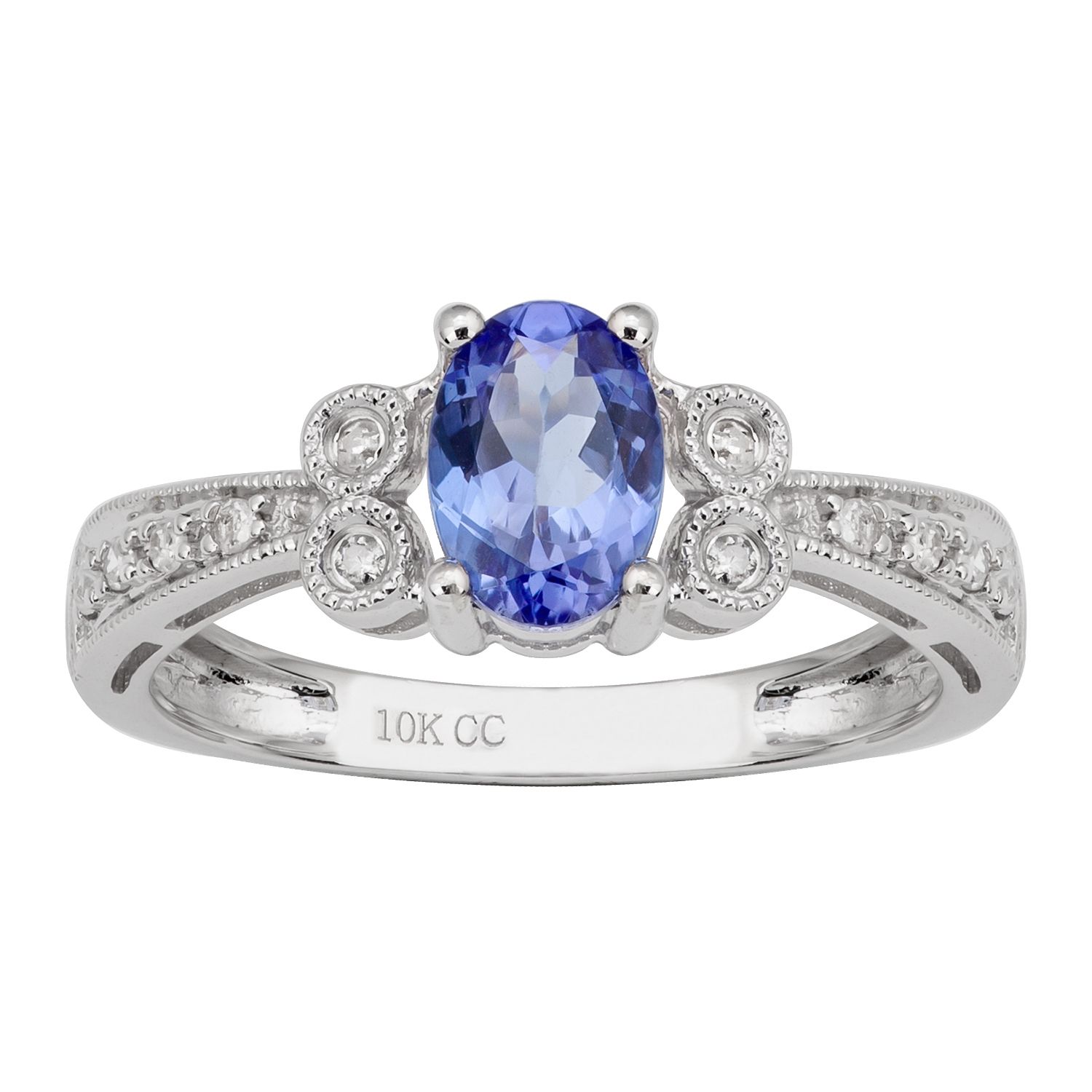 10k White Gold Vintage Style Oval Tanzanite And Diamond Ring Throughout 2020 Enhanced Blue Diamond Vintage Style Anniversary Bands In White Gold (View 5 of 25)