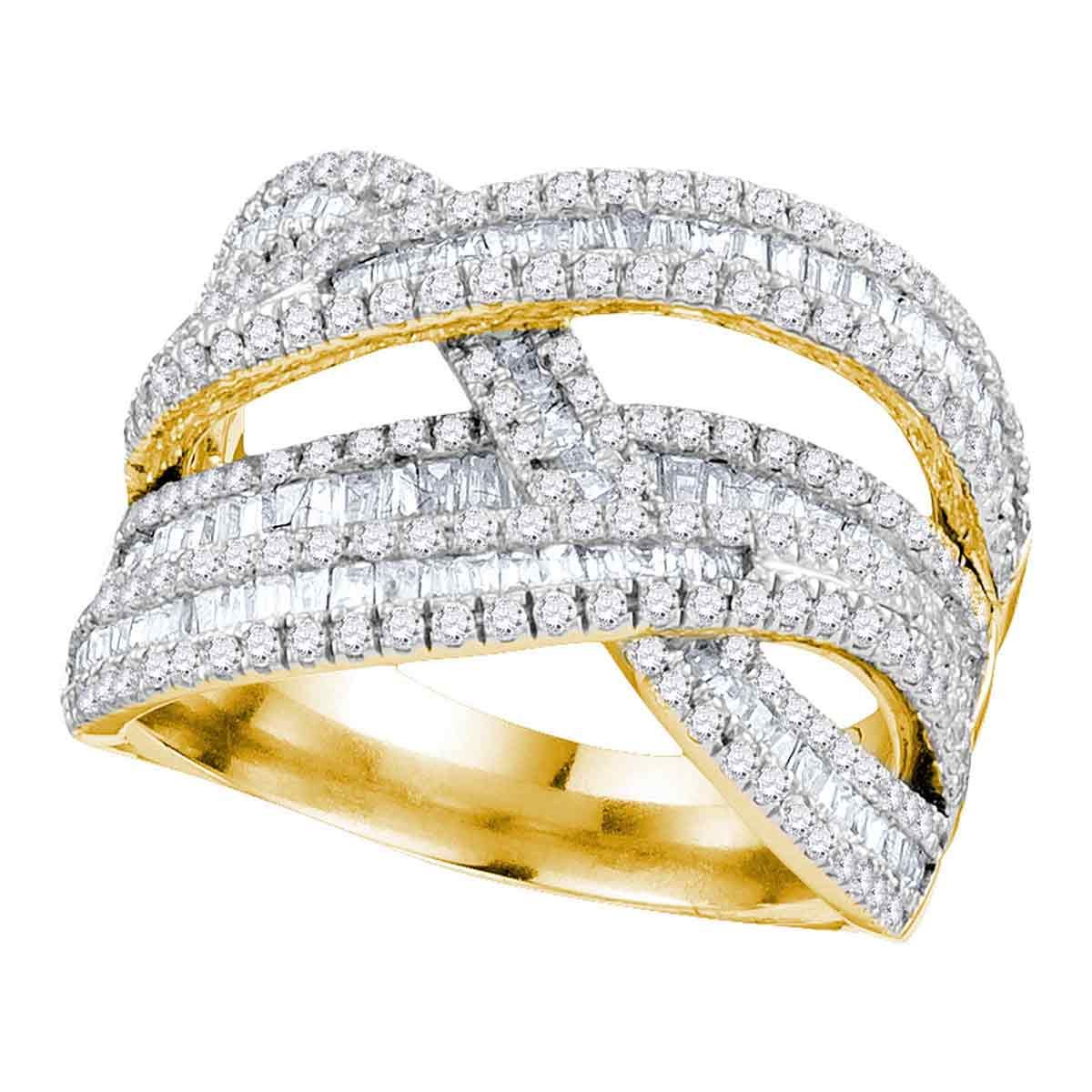 10kt Yellow Gold Womens Round Baguette Diamond Crossover Woven Strand Band  1 7/8 Cttw For Newest Baguette And Round Diamond Weaved Anniversary Rings In White Gold (View 12 of 25)