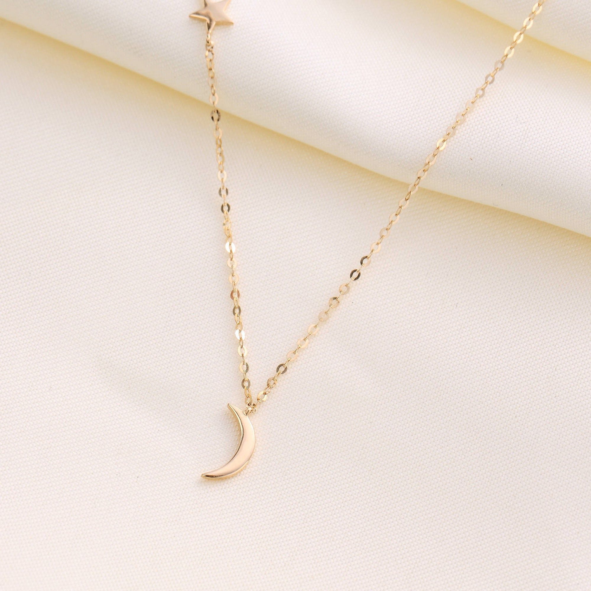 14k 18k Rose Gold Diamond Pendant Necklace, Crescent Moon And Star, Dainty  Gold Jewelry, Personalized Custom Gift Purplemay P011 For Most Recently Released Polished Moon & Star Pendant Necklaces (View 14 of 25)