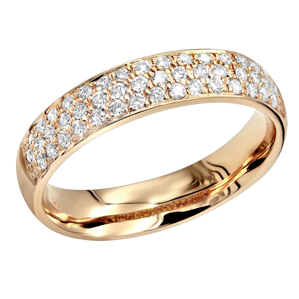 14k Gold Pave Diamond Wedding Band For Women Anniversary Ring Round Diamonds For Most Recent Diamond Vintage Style Three Row Anniversary Bands In Gold (View 8 of 25)