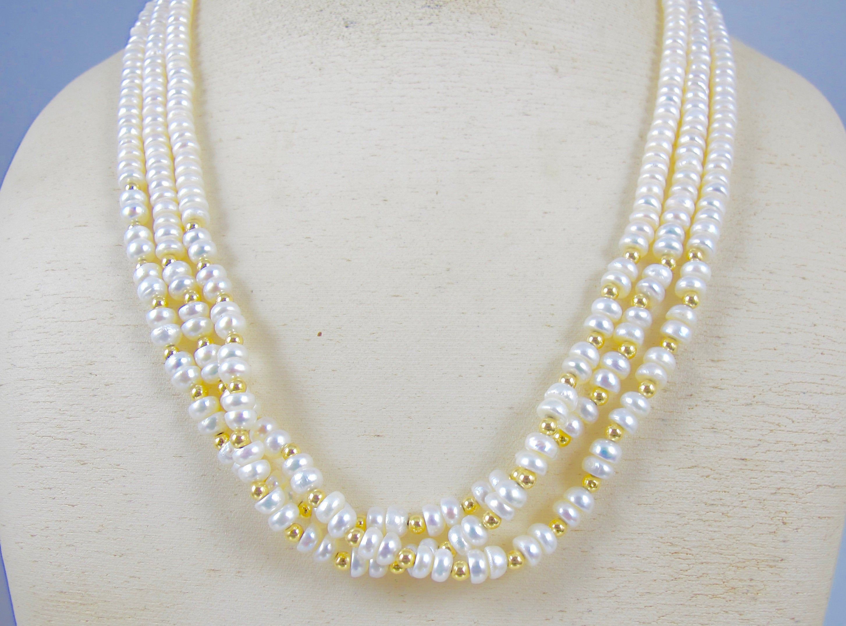 14k Pearl Beaded Necklace. Three Strand Freshwater Cultured Pearl Gold Bead  Necklace. Wedding Jewelry. June Birthstone (View 12 of 25)