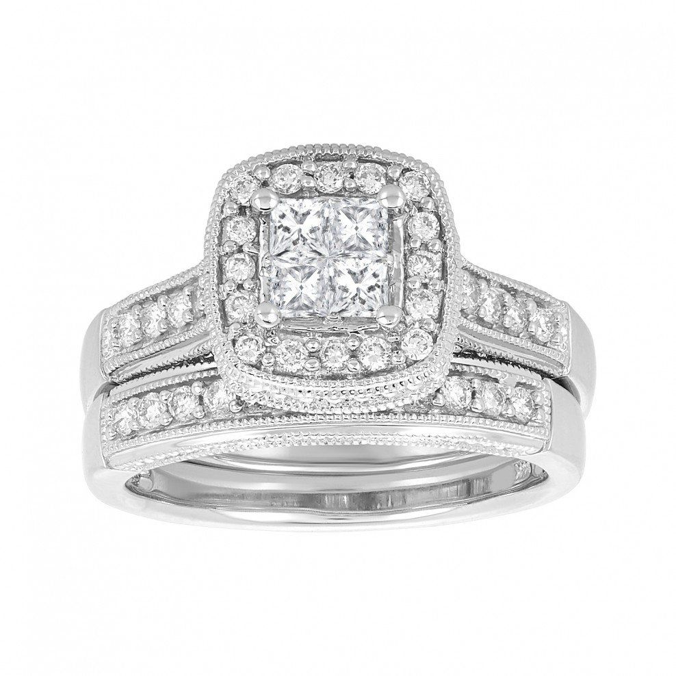 14k White Gold Princess Cut Antique Halo Wedding Set Regarding Most Up To Date Princess Cut And Round Diamond Anniversary Bands In White Gold (View 10 of 25)