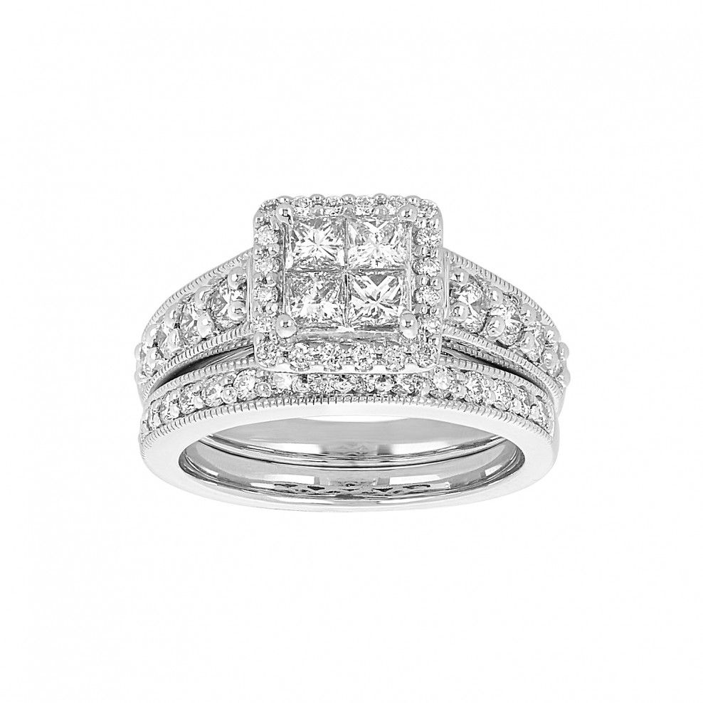 14k White Gold Princess Quad Halo Wedding Set With 2019 Princess Cut And Round Diamond Anniversary Bands In White Gold (View 5 of 25)