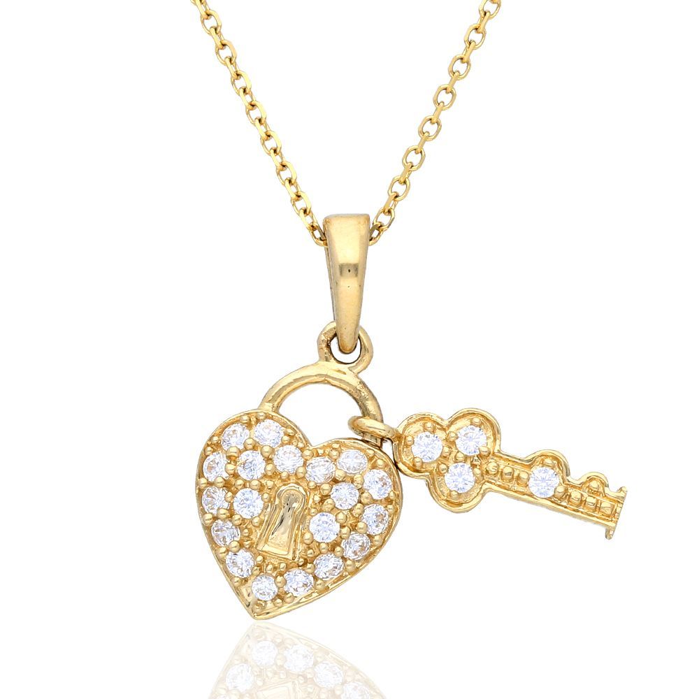 14k Yellow Gold Created Diamond Heart Lock & Key Pendant With Cable For 2020 Heart Shaped Padlock Necklaces (View 17 of 25)