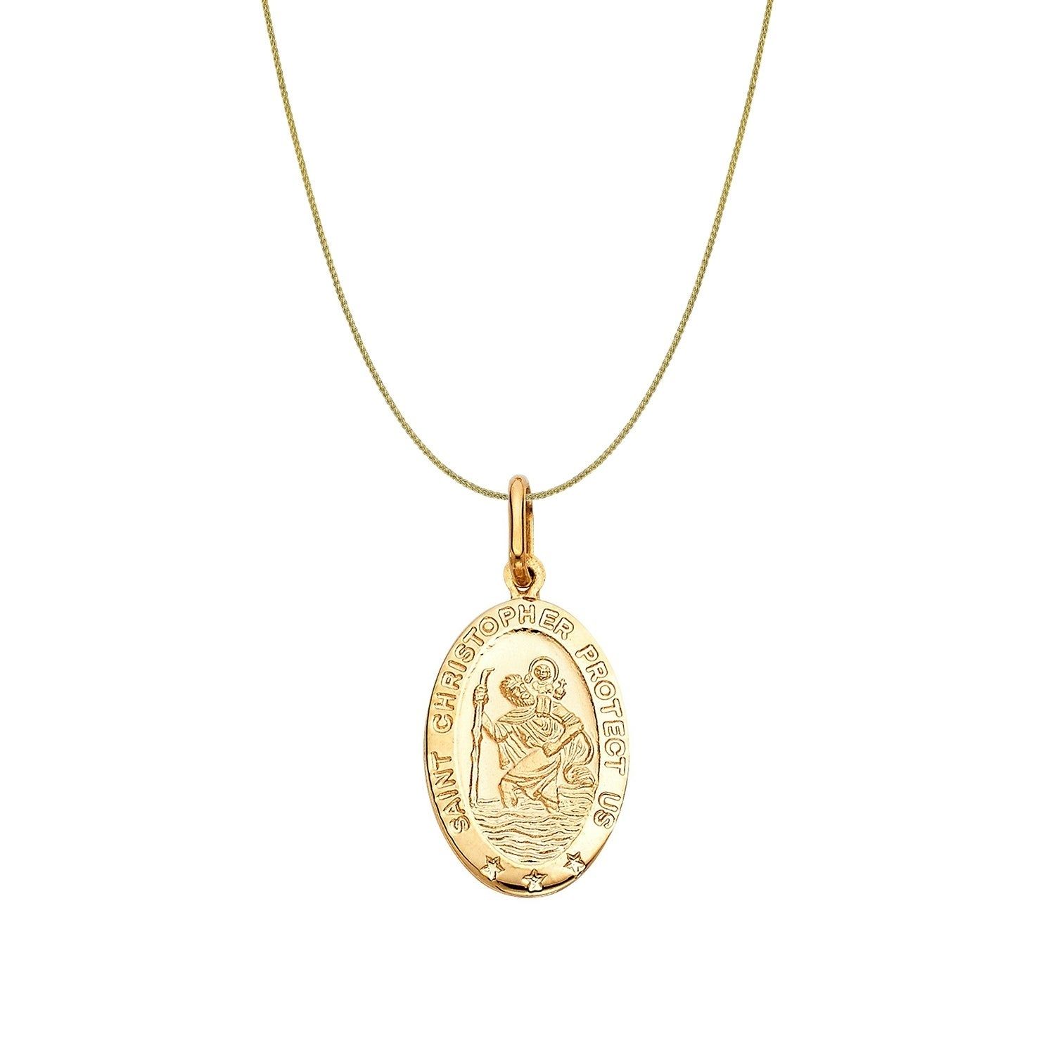 14k Yellow Gold Saint Christopher Oval Pendant And Wheat Chain Necklace Throughout Most Up To Date Wheat Pendant Necklaces (View 17 of 25)