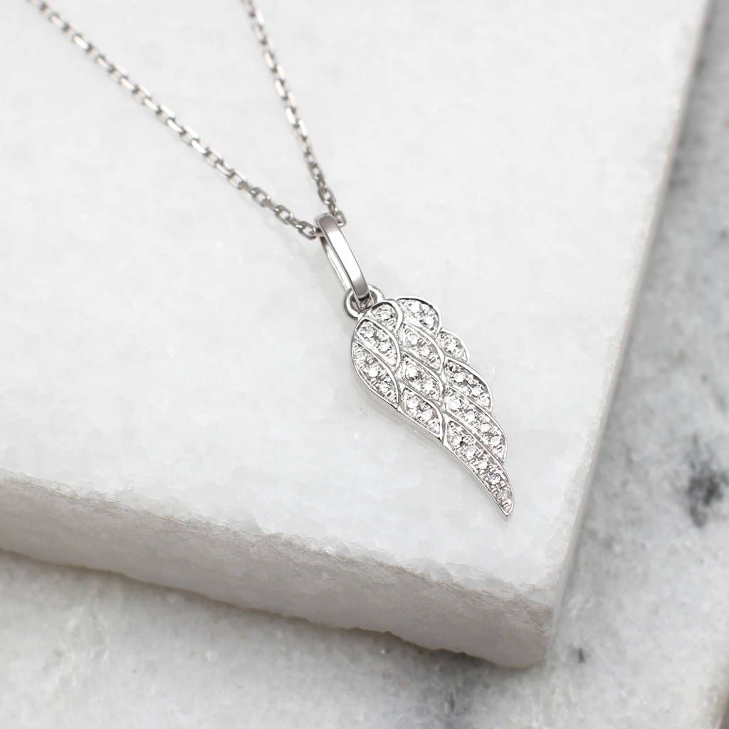 18ct White Gold And Diamond Set Angel Wing Necklace Intended For Latest Angel Wing Pendant Necklaces (View 13 of 25)