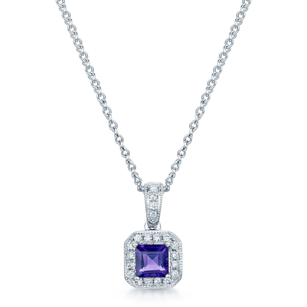 18ct White Gold Square Amethyst & Diamond Pendant With Regard To Newest Square Sparkle Halo Pendant Necklaces (View 24 of 25)