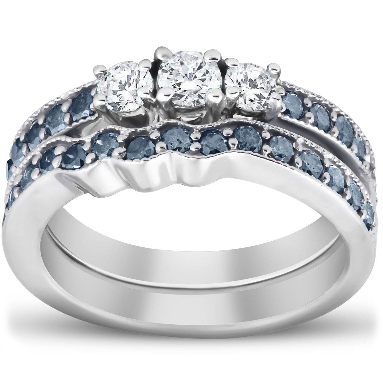3/4 Ct Blue & White Diamond Three Stone Engagment Wedding Ring Set White  Gold Within 2019 Enhanced Blue And White Diamond Anniversary Bands In White Gold (View 21 of 25)