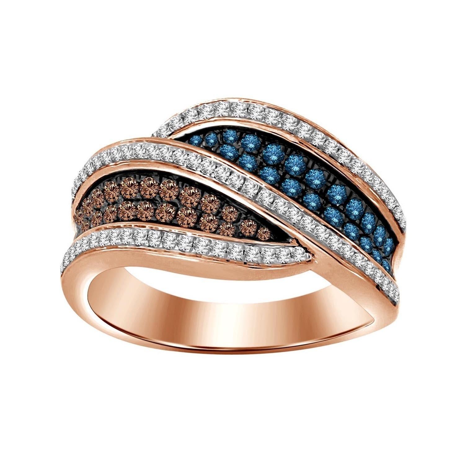 3/4 Cttw Natural White, Brown Diamond And Enhanced Blue Diamond Ladies Band  10k Rose Gold With Most Current Enhanced Blue And White Diamond Anniversary Bands In White Gold (View 19 of 25)