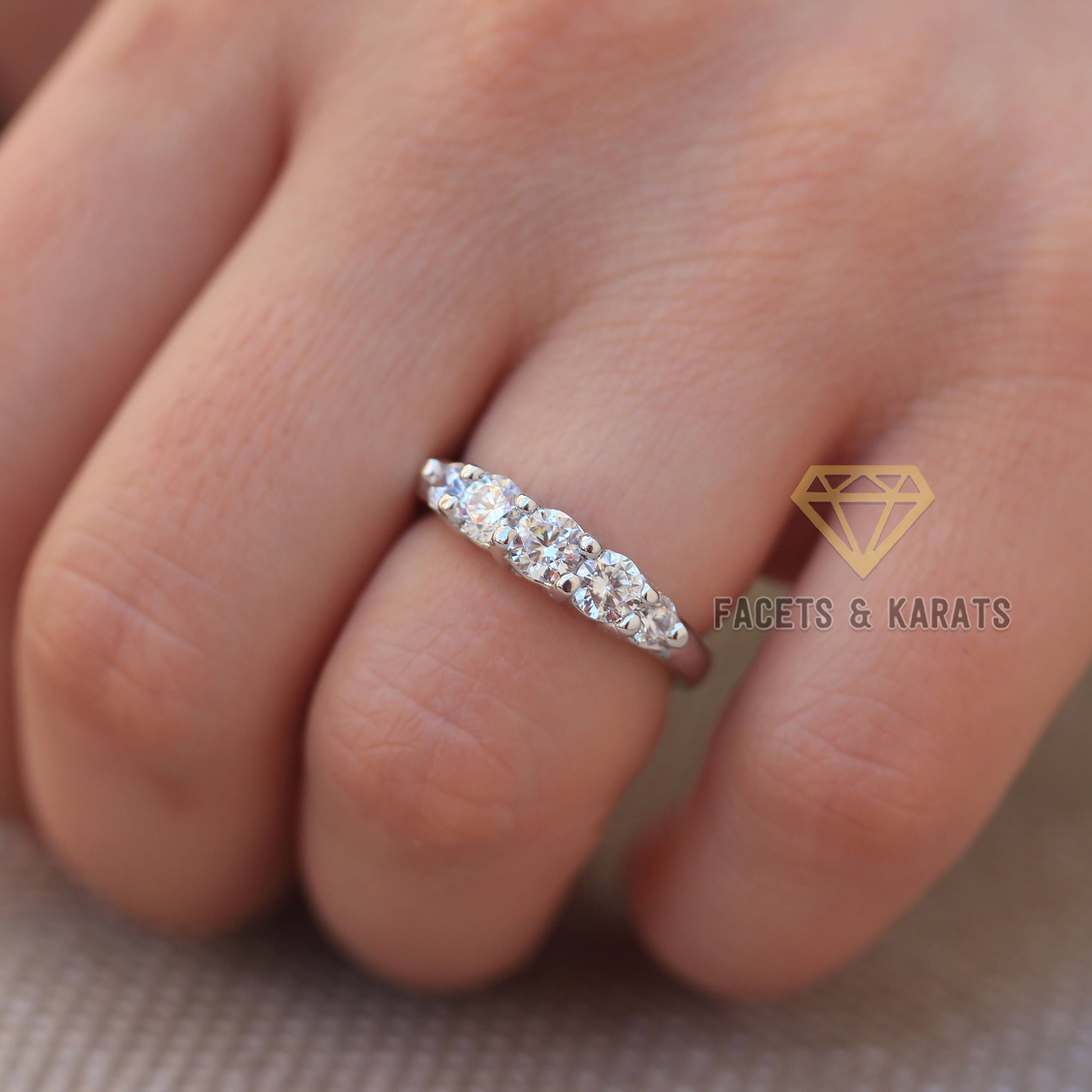 5 Stone Diamond Ring 1 Carat 14k Solid White Gold Five Stone Wedding Band  Anniversary Ring Man Made Diamond Simulant Wedding Ring Band With Regard To Most Recent Diamond Five Stone Anniversary Bands In Gold (View 22 of 25)