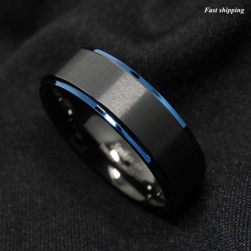 8mm Tungsten Carbide Ring Black Brushed Blue Stripe Wedding Band Regarding Most Current Blue Stripes Rings (View 4 of 25)