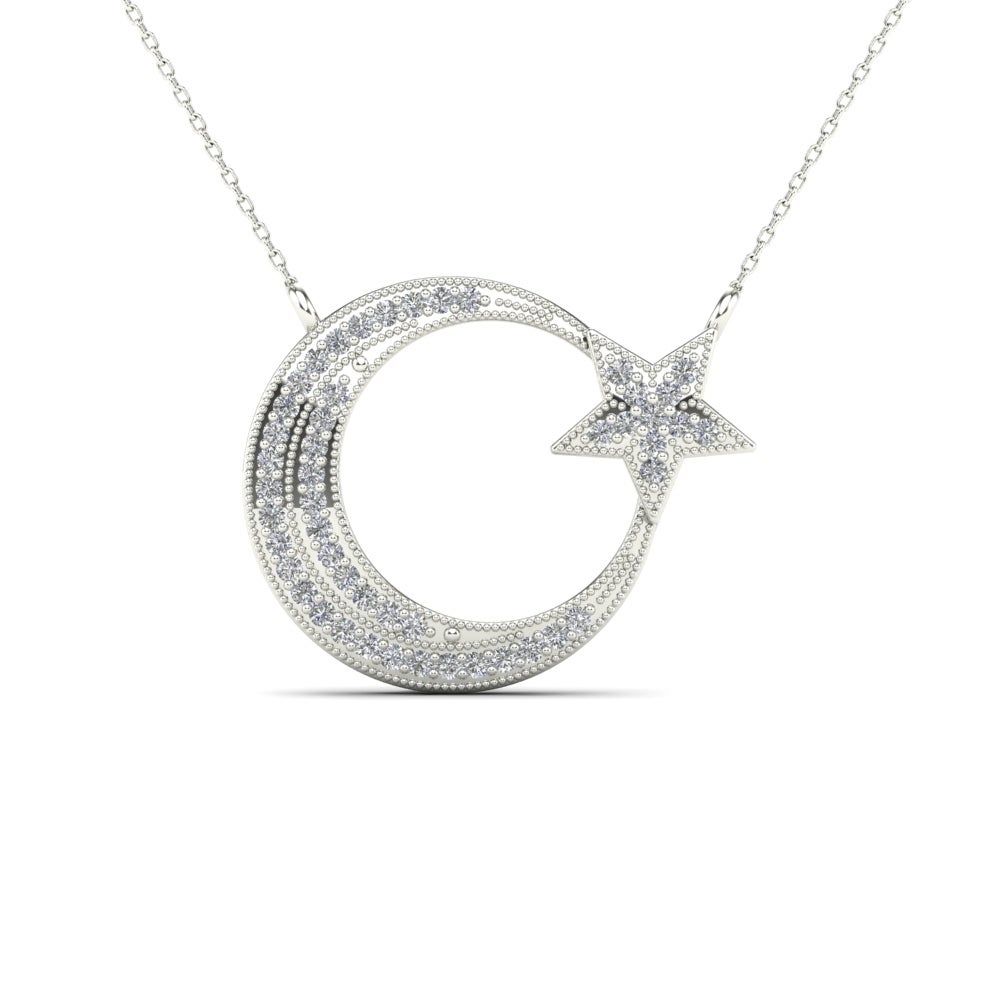Aalilly 10k White Gold 1/8ct Tdw Diamond Moon And Star Pendant Necklace  (h I, I1 I2) With Regard To Current Polished Moon &amp; Star Pendant Necklaces (View 22 of 25)