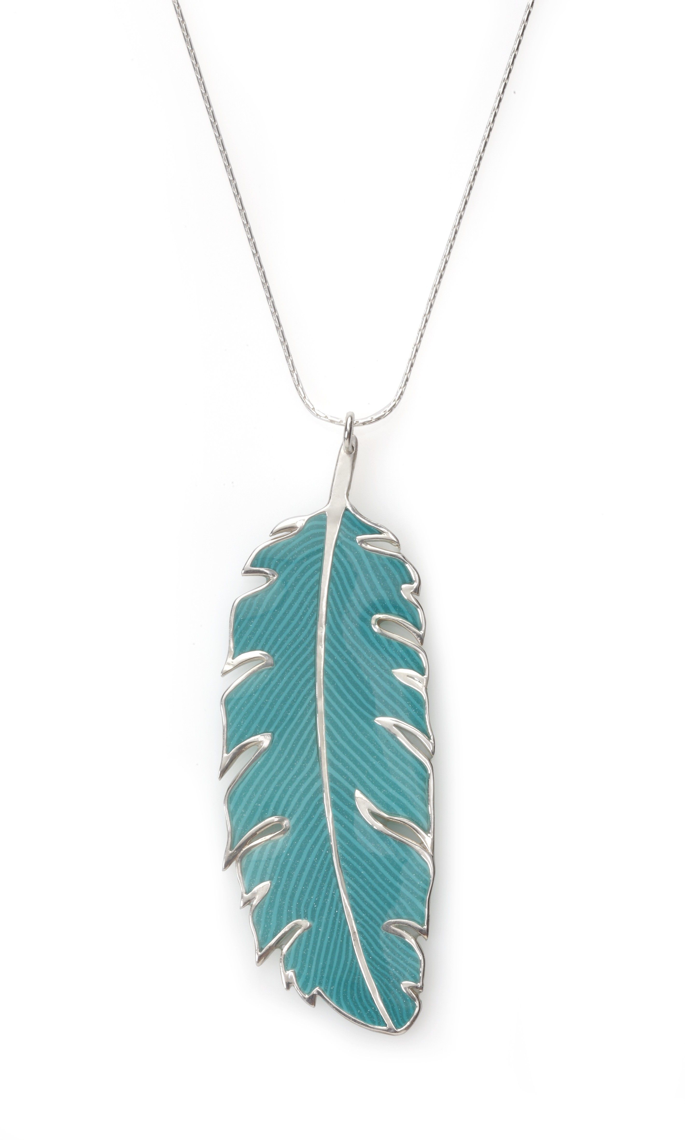 Adina Plastelina Silver Chain With Large Single Turquoise Feather Pendant For Most Recent Single Feather Pendant Necklaces (View 9 of 25)
