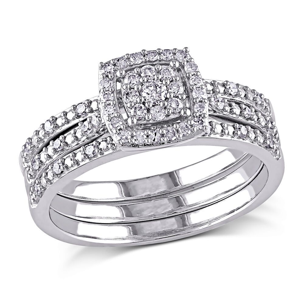 Amour 1/3 Ct Tw Diamond Halo Multi Row Bridal Set In 10k White Gold | Ebay Intended For Most Recent Enhanced Black And White Diamond Three Row Anniversary Bands In White Gold (Photo 25 of 25)