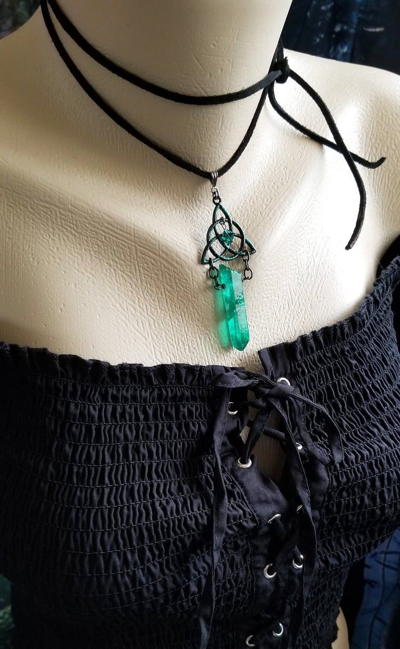 Ancient Green Triquetra And Crystal Necklace, Trinity Knot And Green Quartz  Crystal Leather Cord Necklace Regarding 2020 Shimmering Knot Locket Element Necklaces (View 14 of 25)