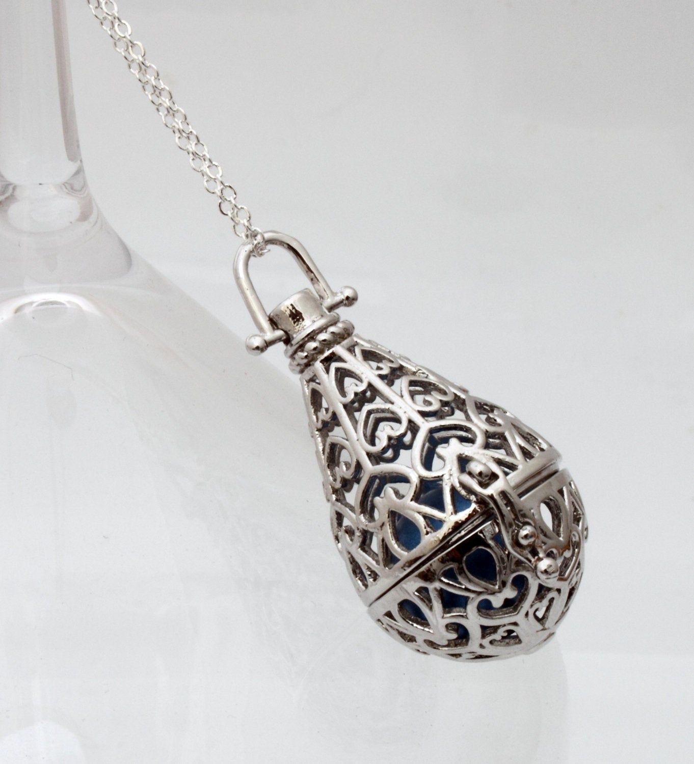 Angel Caller Filigree Heart Teardrop Locket With Choice Of Coloured Chime  Ball  Harmony Bell  Pregnancy Necklace  Mexican Bola  Silver Plate With Regard To Best And Newest Chiming Filigree Hearts Pendant Necklaces (View 5 of 25)