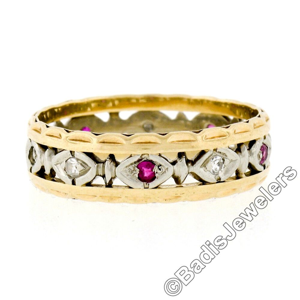 Antique 14k Tt Gold Alternating Diamond & Ruby Eternity Band Ring W/ Wavy  Frame | Ebay Inside Current Diamond Frame Anniversary Bands In Gold (View 18 of 25)