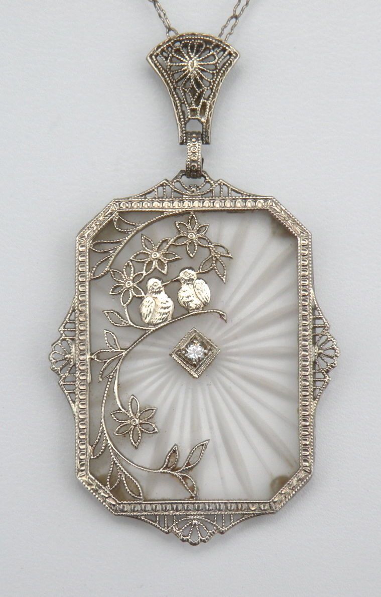 Art Deco 14k White Gold Diamond Camphor Glass Love Birds Pendant Inside Most Current Royal Green May Birthstone Locket Element Necklaces (View 10 of 25)