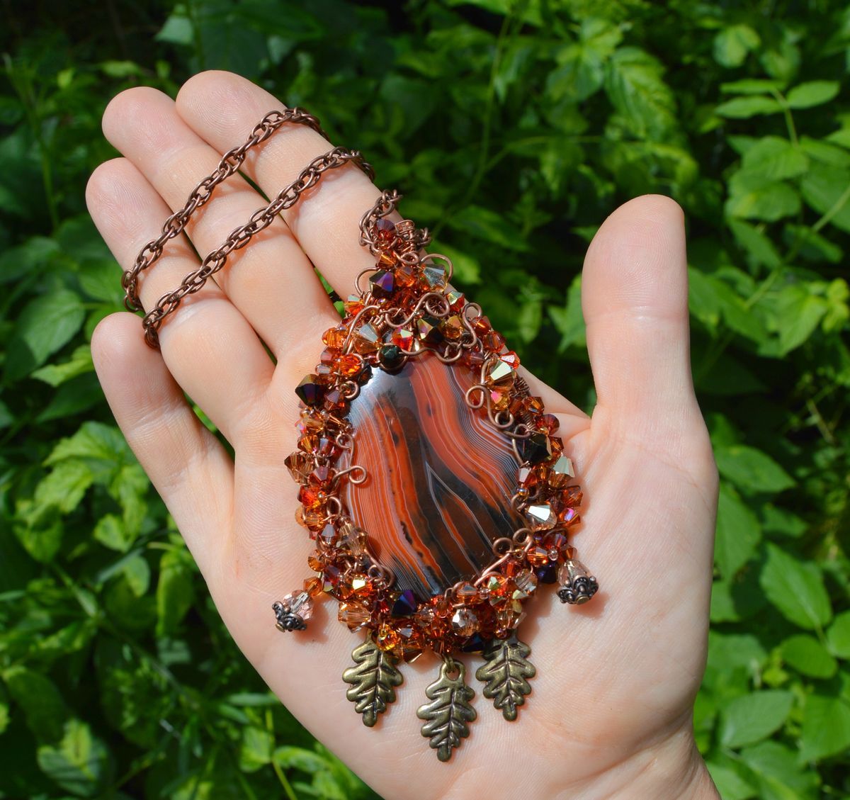 Autumn Leaf Pendant In Fall Colors – Elven Wire Wrapped Crystal Pertaining To Current Multi Colored Crystal Patterns Of Frost Pendant Necklaces (View 15 of 25)