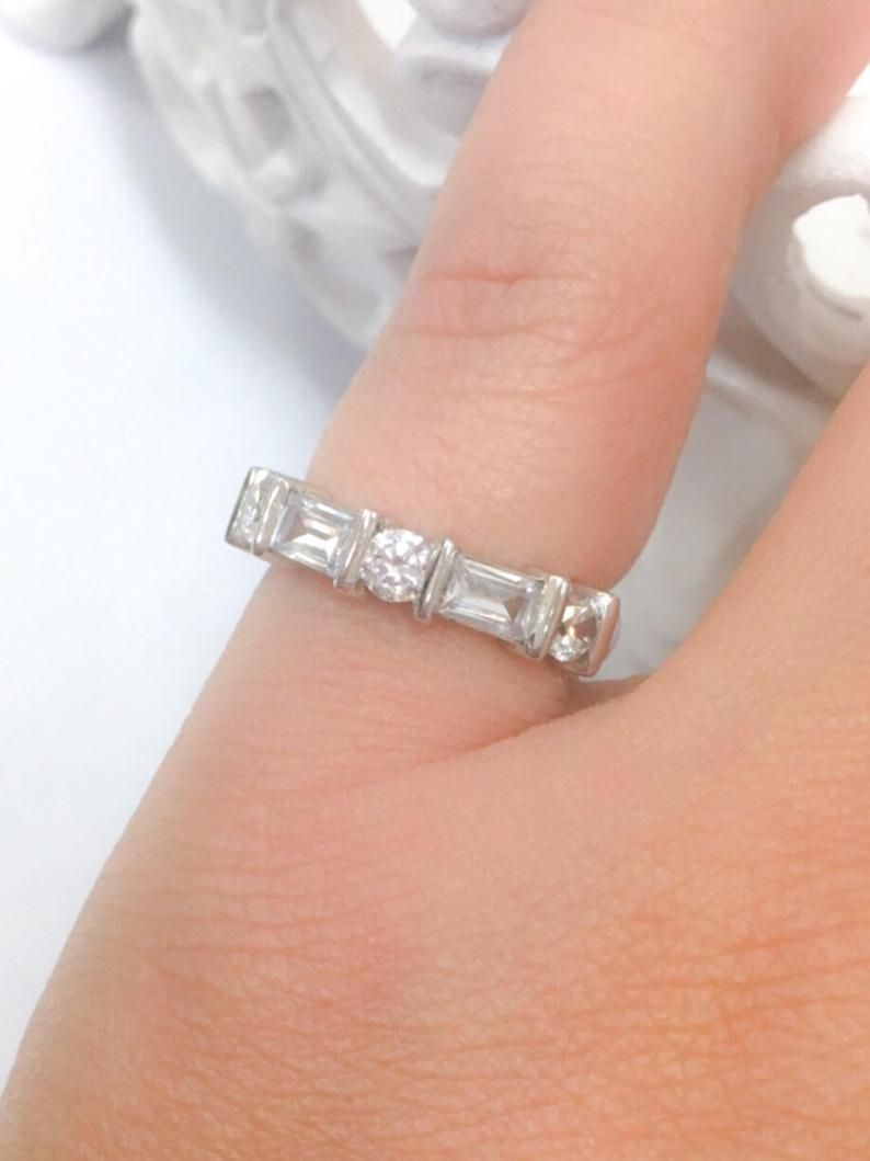 Baguette And Round Cz Half Eternity Band Vintage Art Deco Matching Band  Wedding Anniversary Half Eternity Cz Pettern Band Alternating Shapes Within Recent Baguette And Round Diamond Alternating Vintage Style Anniversary Bands In White Gold (View 16 of 25)