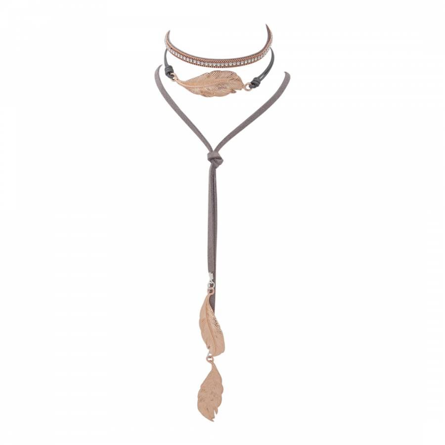 Bibi Bijoux Grey/rose Gold Feather Leather Pendant Necklace With Regard To 2020 Golden Tan Leather Feather Choker Necklaces (View 11 of 25)