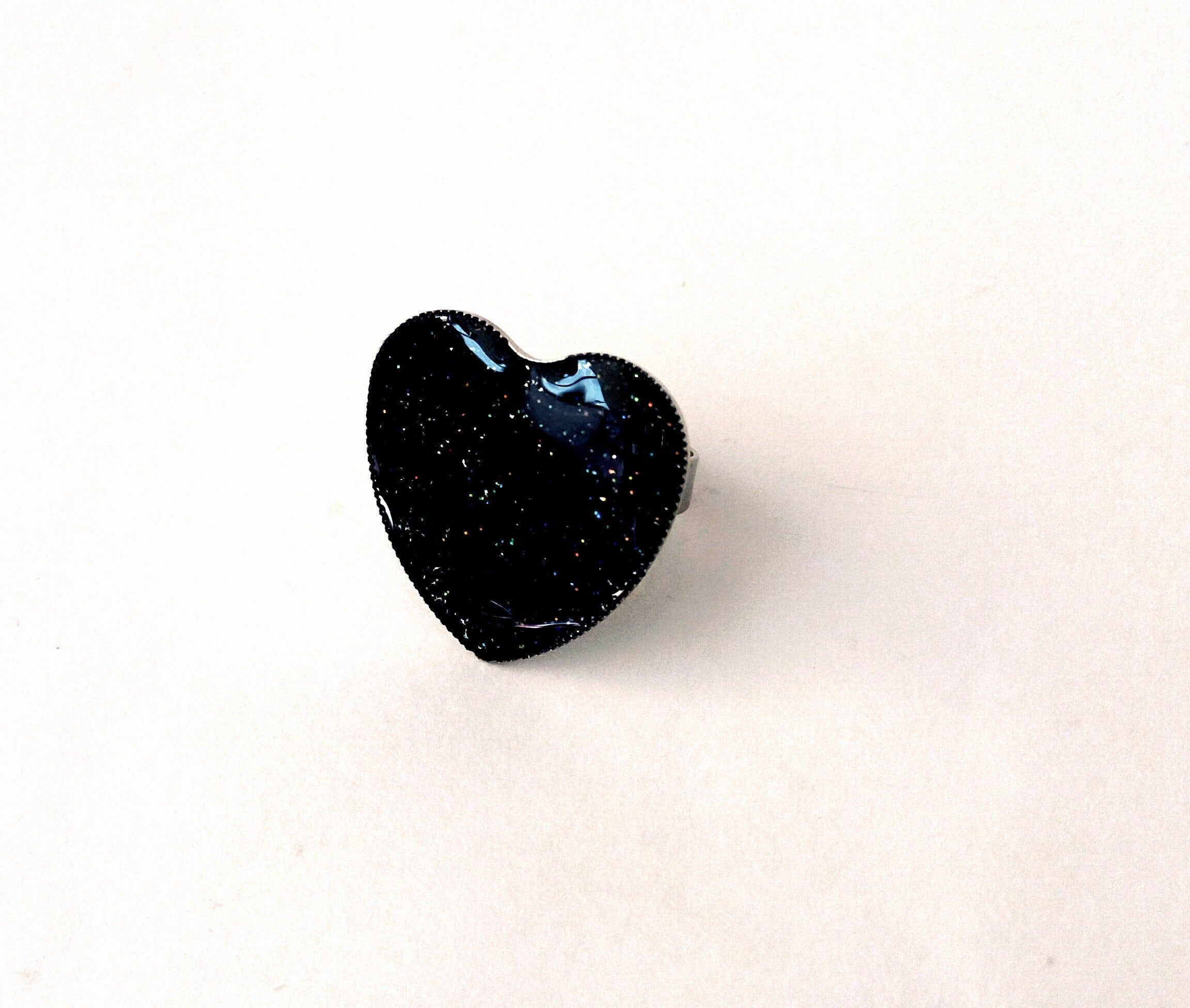 Black Ring, Heart Ring, Black Glitter Ring, Adjustable Ring, Silver Tone  Heart Ring, Anniversary Gift, Elegant Heart Ring, Black Resin Ring Throughout Most Up To Date Sparkling Square & Circle Open Rings (View 11 of 25)