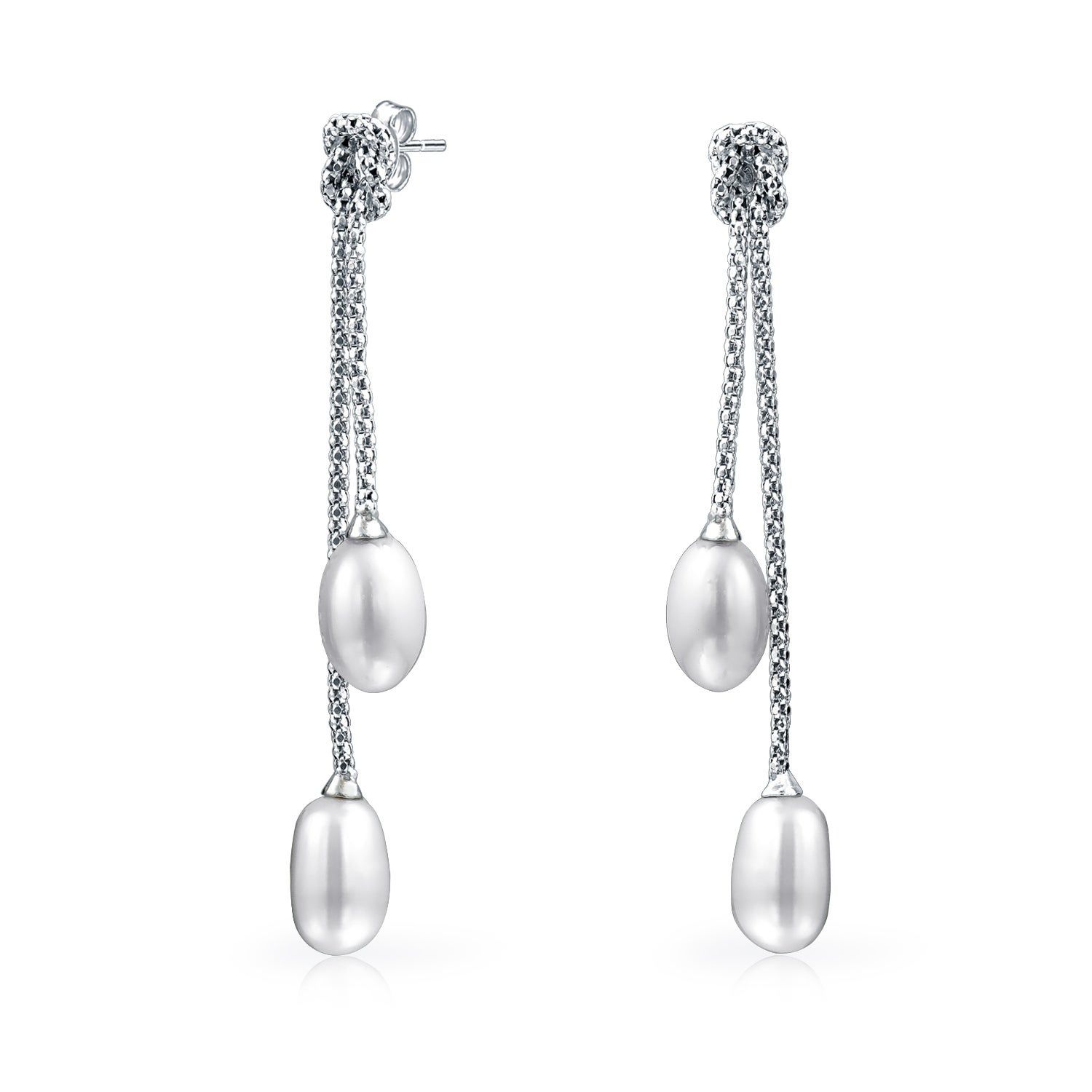 Bling Jewelry Sterling Silver Love Knot Twin Freshwater Cultured Pearl  Dangling Earrings Regarding Most Recently Released Dangling Freshwater Cultured Pearl Rings (View 9 of 25)
