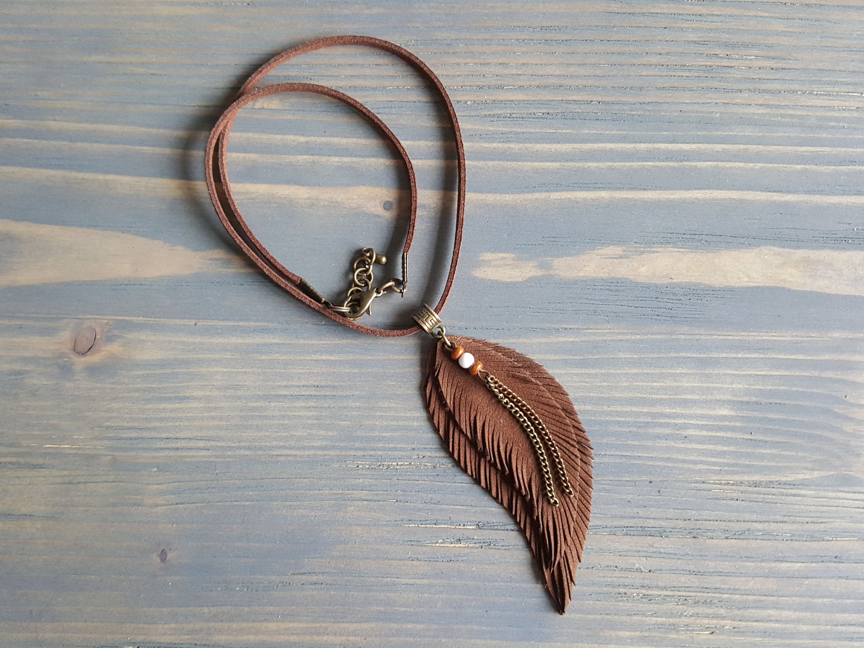 Boho Necklace Feather Pendant Necklace Brown Suede Choker Bohemian For Current Golden Tan Leather Feather Choker Necklaces (View 17 of 25)