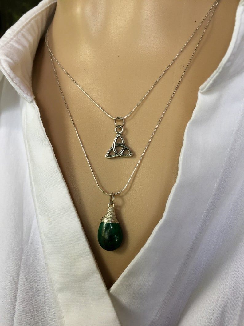 Celtic Knot Malachite Pendant Necklace Set, Sterling Silver, Trinity Knot,  Irish Jewelry, Triquetra Necklace, Layering Necklaces, Gift Idea Pertaining To Recent Shimmering Knot Pendant Necklaces (View 24 of 25)