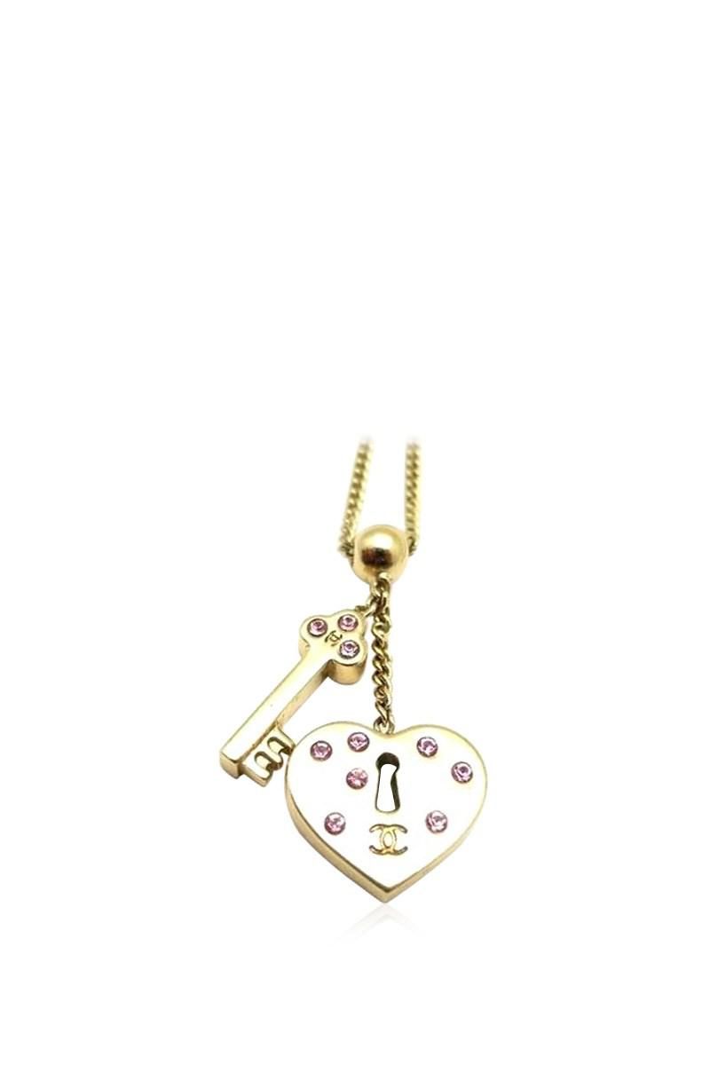 Chanel Metallic Authentic Pink Rhinestone Heart Shape Padlock & Key Gold  Plated Necklace 17051027ck Regarding Most Recent Heart Shaped Padlock Necklaces (View 15 of 25)