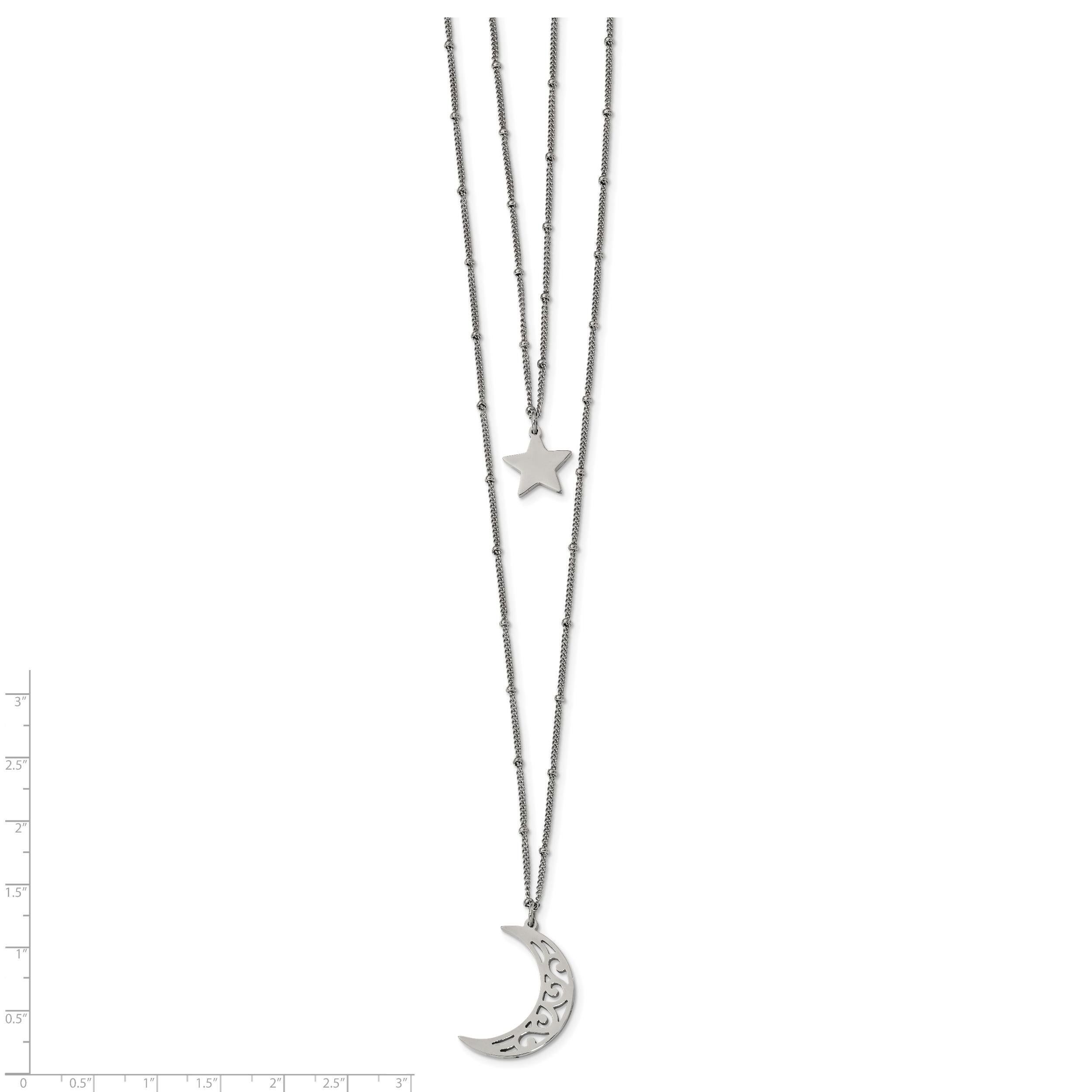 Chisel Stainless Steel Polished 2 Strand Beaded Star And Moon 30 Inch  Necklace Intended For Most Popular Polished Moon &amp; Star Pendant Necklaces (View 12 of 25)