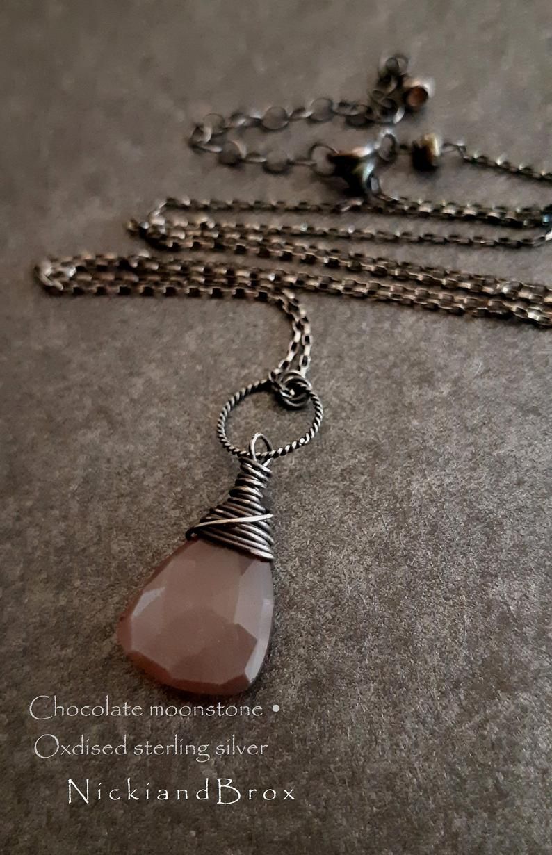 Chocolate Moonstone Oxidised Silver Necklace – Gift For Mum | Wirewrapped  Moonstone Necklace | June Birthstone | Moonstone Pendant Necklace Within 2020 Grey Moonstone June Droplet Pendant Necklaces (View 24 of 25)