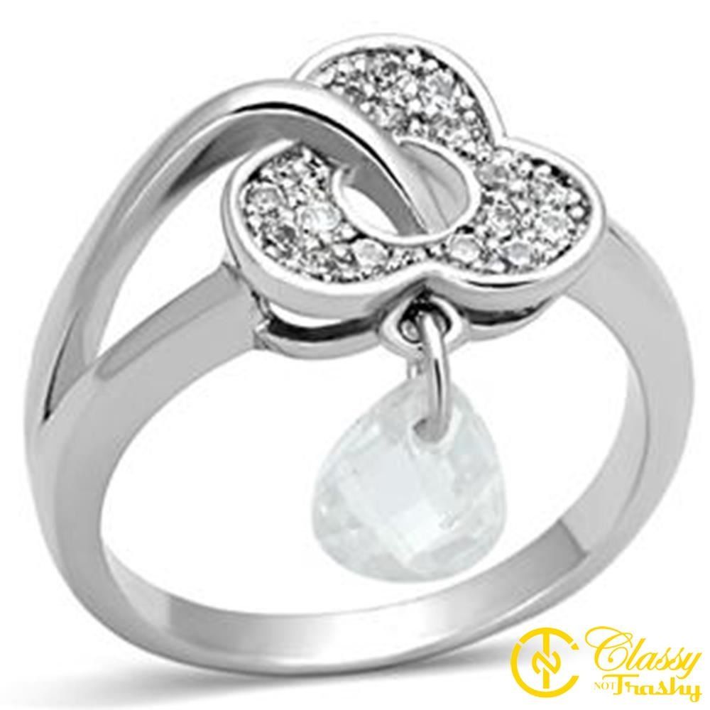 Classy Not Trashy Size 10 Three Leaf Clover Ring With Clear Pear Cut Cz  Dangle Charm Within Recent Dangling Four Leaf Clover Rings (View 20 of 25)