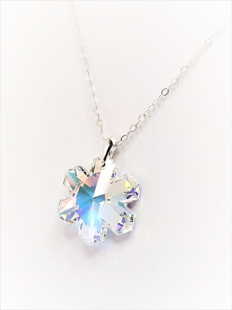 Clear Ab Swarovski Snowflake Crystal Pendant, 925 Sterling Silver, Large  30mm Crystal Snowflake, Pretty Gift For Her, Statement Necklace Regarding Newest Shimmering Snowflake Locket Element Necklaces (View 1 of 25)