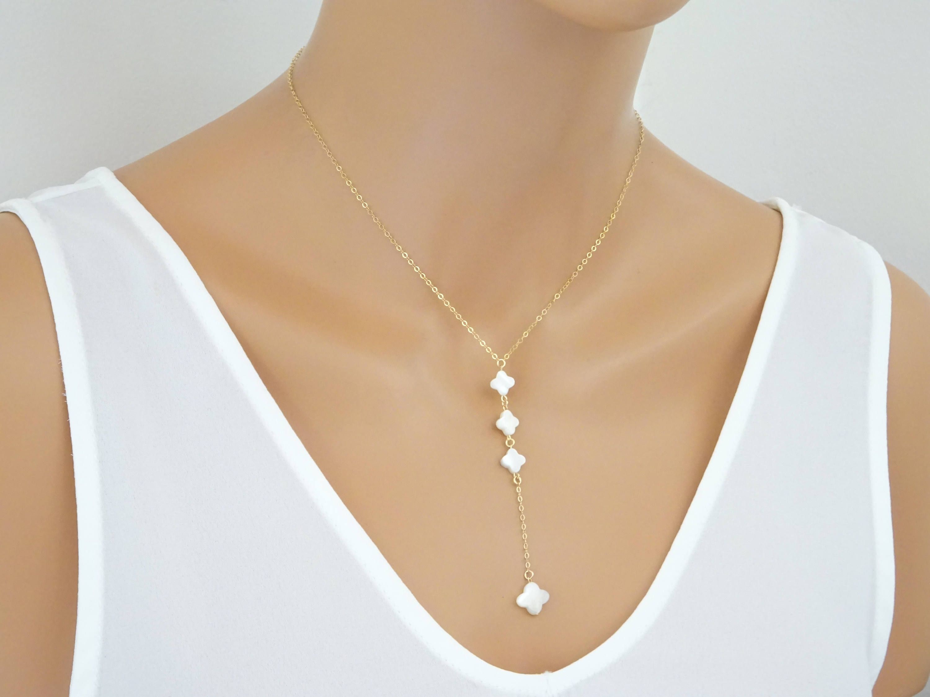 Clover Necklace, Lucky Clover Lariat Necklace, Good Luck Jewelry, Shamrock  Necklace, Four Leaf Clover Y Necklace, Bridesmaid Necklace Throughout 2019 Lucky Four Leaf Clover Y  Necklaces (View 4 of 25)