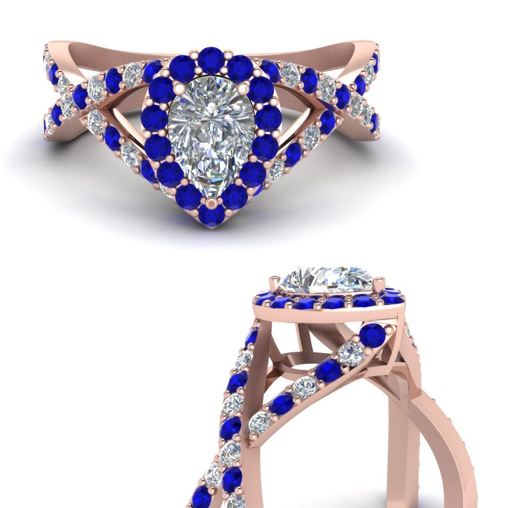 Criss Cross Pear Halo Ring Intended For Newest Blue Square Sparkle Halo Rings (View 14 of 25)
